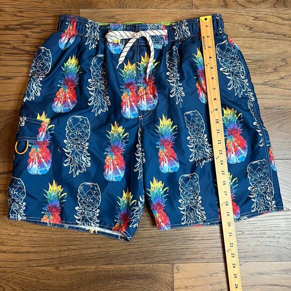 Pineapple Swim Trunks Men's Blue Tropical Print Swimsuit Drawstring - Picture 4 of 9